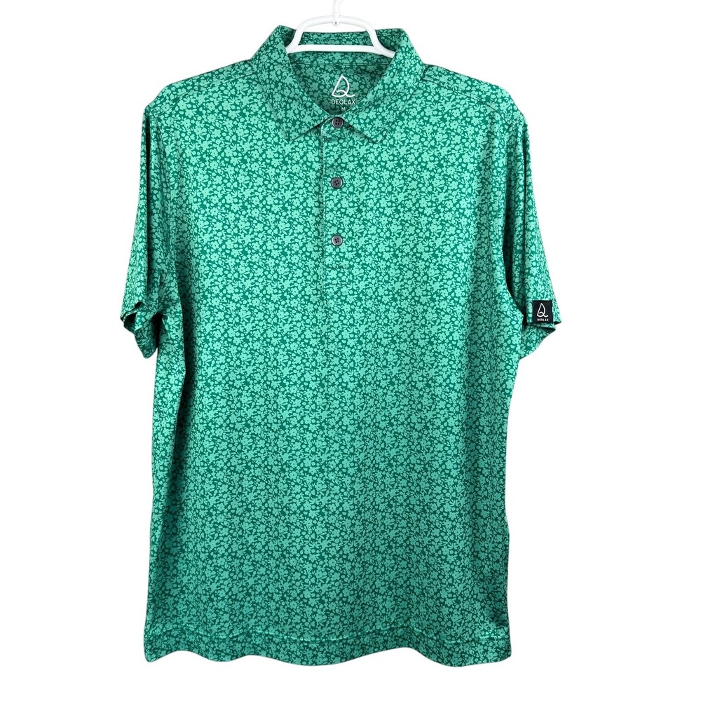 DEOLAX Mens Green Floral‎ Print Short Sleeve Polo Shirt Size Medium Golf Casual